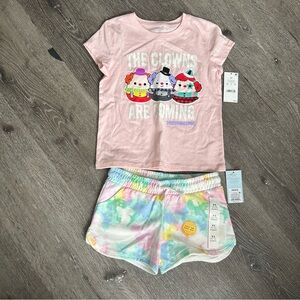 NWT Kids Girls XS 4/5 Summer Outfit Pink Squishmallow Shirt Tie Dye Shorts